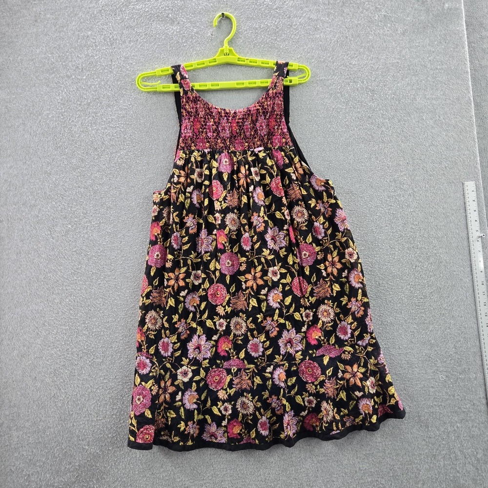 Free People Women Dress M Black Oh Baby Mini Floral Shirred Pleated Lined